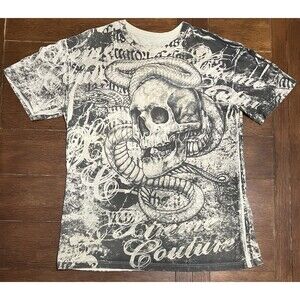 Xtreme Couture Shirt Mens XL Black Beige Skeleton Snake All Over Print AOP